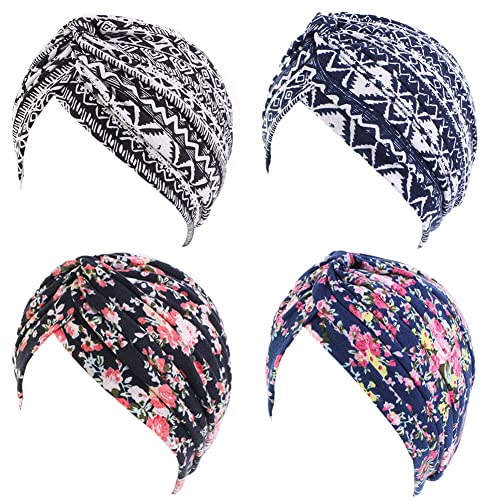 beauty YFJH Women's Cotton Turban Head Wrap Cancer Chemo Beanies Cap Headwear Cap Bonnet Hair Loss Hat, Ethnic Black/Ethnic Navy/Black Flower/Navy Flower, One size