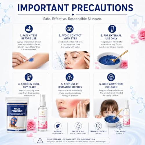 Image of Moroccan Nila Powder Blue Face Mask with Rose Water - Traditional Moroccan Hammam Spa Treatment for Face & Body - Brightening & Soothing Skin Care Set - 50g + 100ml