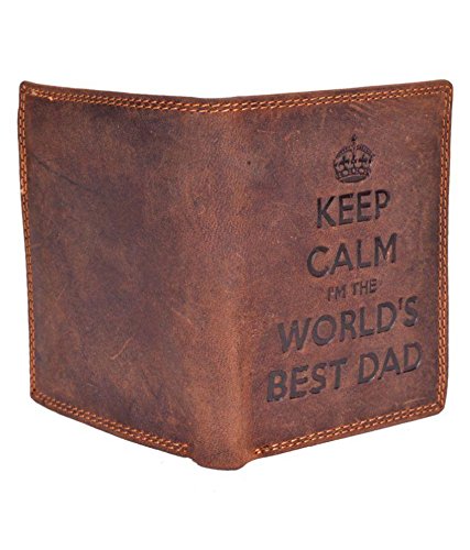 STARHIDE Man Brown Leather Wallet RFID Card Blocking ID Protection - Keep Calm I'm The Worlds Best Dad - Real Distressed Hunter Leather Gents Wallet Best Gift For Him 705-BRN