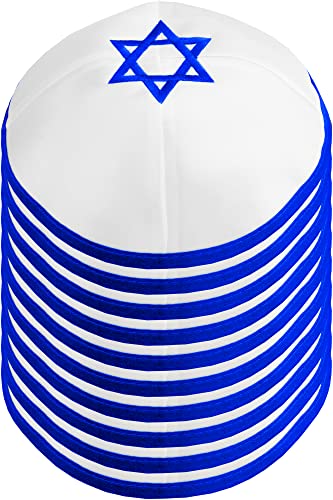 Image of Pack of 10-Pcs Hq 20cm Satin Kippah with Silver /Gold String+Star of David for Men & Boys, Yamaka Hat from Israel, Kippot Bulk (White Blue)