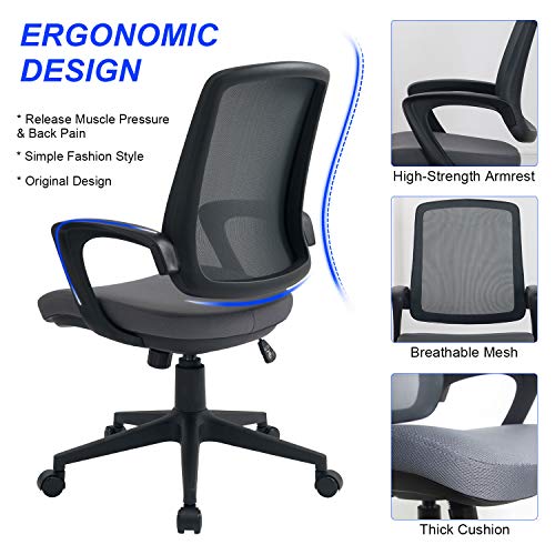 Office Chair Mid Back Desk Chair Ergonomic Computer Chair Adjustable Mesh Chair with Arms, Black - Thumbnail 4