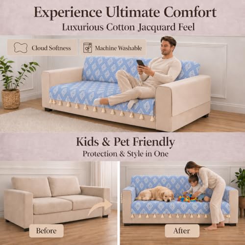 Image of STITCHNEST 'Verdant Rekhika Stories' 2 Seater Sofa Cover - Full Coverage| Elegant Jacquard Fabric, Decorative Tassels, Washable & Durable for Modern Living