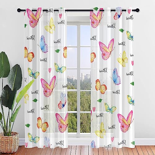 Surwin Rideau Voilage Imprimé Papillon Rideaux, Rideau à Oeillets Lot de 2, Semi-Transparent Voilages Intérieurs pour Décorer Cuisine, Salon, Chambre...
