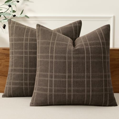 Image of MIULEE Decorative Linen Check Throw Pillow Covers Neutral Farmhouse Vintage Pillow Covers 24x24 Set of 2 Boho Modern Home Decor for Sofa Couch Bedroom Cushion Dark Coffee
