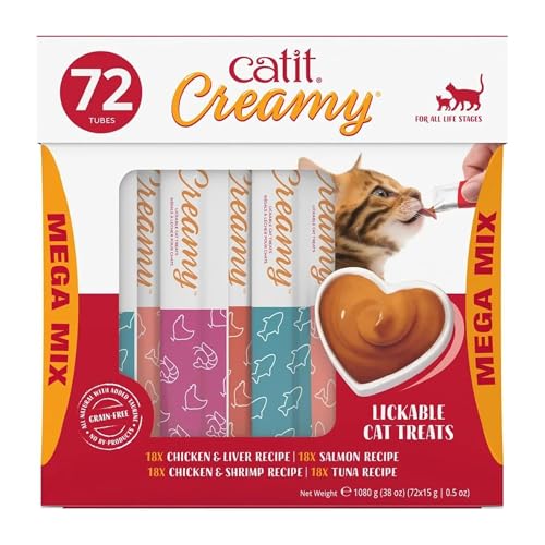 Catit Creamy Lickable Cat Treat – Healthy Variety of Flavors, 72 Pack, Hand-Feed or Serve, Nutrient-Rich Squeeze Tube, 0.5 oz Each