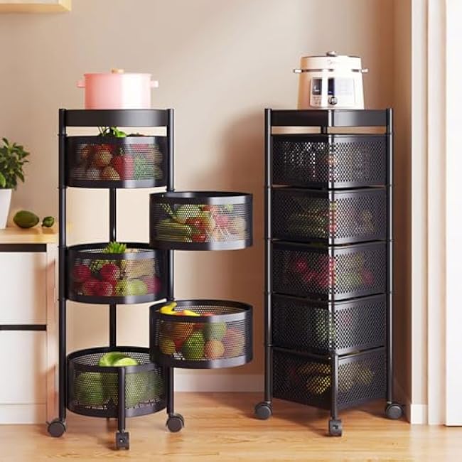 Vegetable Cart for Kitchen with Wheels - 5 Tier Rotating Storage Rack, Multi-Functional Rolling Pantry Cart for Fruits, Vegetables, Kitchen Essentials White Square-OTKLmngD