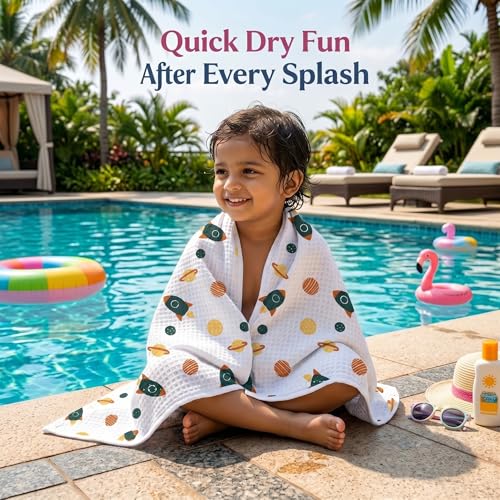Image of Mafatlal Coo Coo 100% Cotton Kids Bath Towel (147x73 cm) | 250 GSM | Soft, Lightweight & Quick-Dry | Fun Cartoon Print | Multicolor | Perfect for Everyday Use | Pack of 1