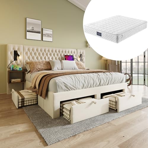 Polsterbett mit Matratze, Doppelbett Bettanlage 160x200 cm, Schlafzimmer Komplett Set mit 2x Nachtkommoden und 4 Schubladen, LED Kopfteil Stauraumbett mit Leselicht & USB Ladefunktion, Samt, Beige