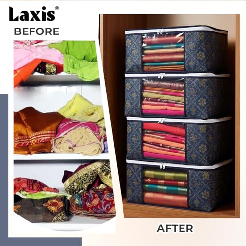 Image of LAXIS Saree Organiser for Wardrobe, Foldable Royal Print Saree Covers for Storage Set with Clear Window & Zipper, Golden-Navy Blue (Pack of 6)