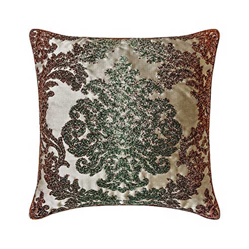 The HomeCentric Dekorativ Braun Grün Kissen Überzüge, 50 x 50 cm Samt Kissen Viktorianisch & Perlen, Kissenhülle mit, Damast Kissen, Modern Kissen Überzüge - Jade Damask Cover
