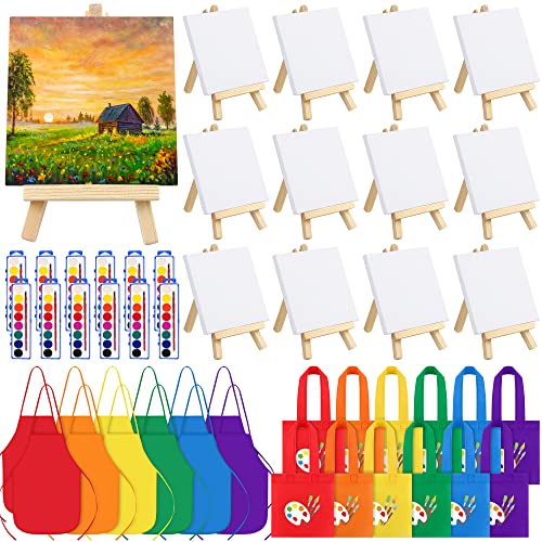 Image of ADXCO 12 Watercolor Paint Set, 48 Pieces Mini Paint Set with 8 Colors Watercolor Paints, Mini Wood Easels, Canvas Bags, Aprons, Art Beginner Supplies