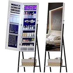 Estanterias Barrocas Figbird Armario para joyas con 8 LED, espejo de pie grande con cerradura y estante ajustable de acrílico para sala de estar, dormitorio, armario,White