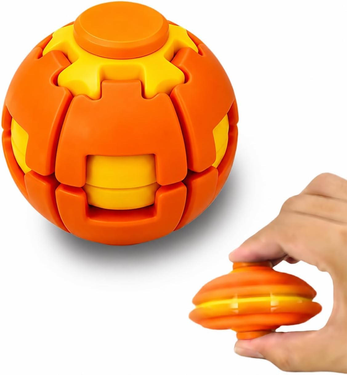 Push to Spin Fidget Stress Ball - 2 in 1 Press & Auto Rotate Decompression Toy, Dual Form Freely Switchable, Pocket Portable Fidget Spinner for Anxiety Relief (Orange)