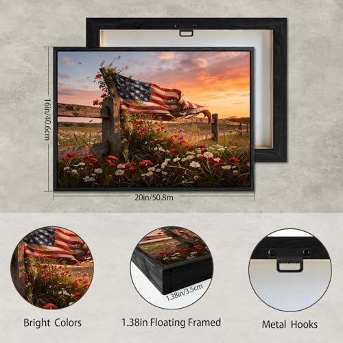 Image of American Flag Framed Canvas Wall Art, 4th of July Floral Canvas Prints, Wildflower Meadow Landscape Patriotic Decorations, Vintage Rustic Independence Day Wall Decor for Bedroom Living Room 16x20