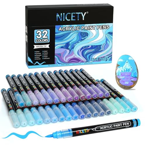 NICETY 32 Colors Acrylic Paint Markers, Paint Pens Brush Tip Water-Based Acrylic Markers for Rock Painting Stone Wood Ceramic (Blue)