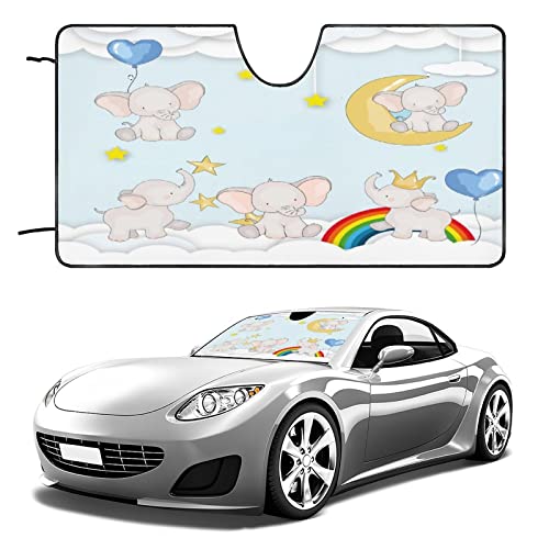 Cute Elephant Rainbow Winshield Sun Visor Rainbow Cartoon Balloons Elephant for Most Vehicles 51L x 28W Inch