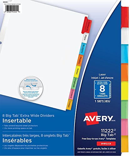 Avery Big Tab Insertable Dividers for 3 Ring Binders, 9" x 11", 8 tabs, Multi-Colour, 1 Set, (11222) image 3