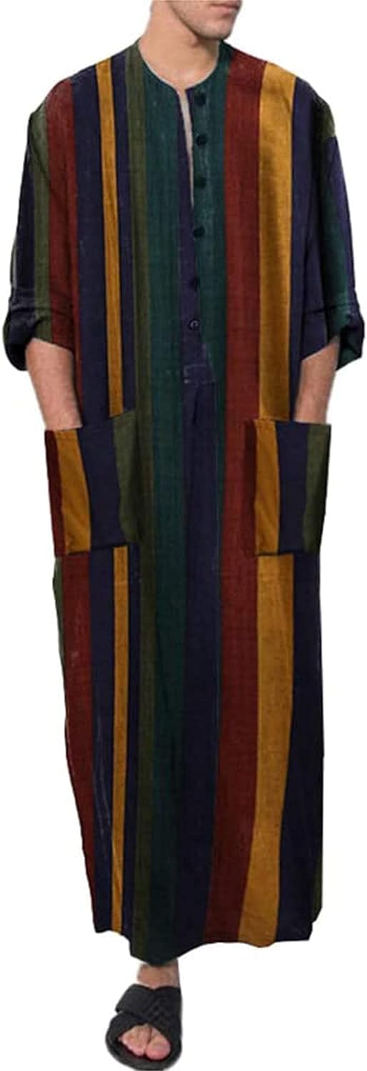 Men Robe Cotton Pajamas Nightshirt Nightgown Bathrobe Middle Eastern Ethnic Clothing Arabic Stripe Men's Long Sleeve Button V Collar Retro Shirt Loungewear S-4XL