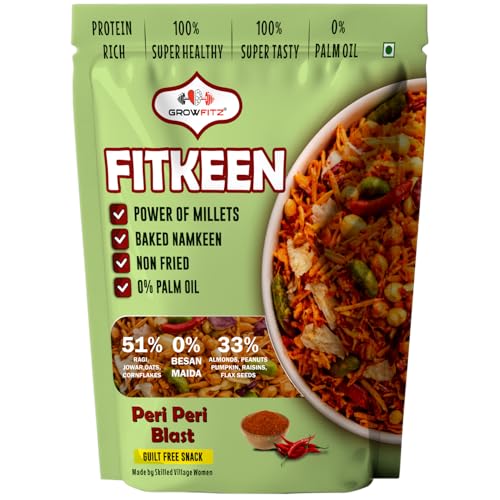 Image of GROWFITZ Baked Namkeen Mixture 200g | Peri Peri Flavor | Non-Fried Millet Snack | 0% Palm Oil | 12.4g High Protein | Healthy Tea-Time Snack (200gram - Pack of 1, Peri Peri Spicy)