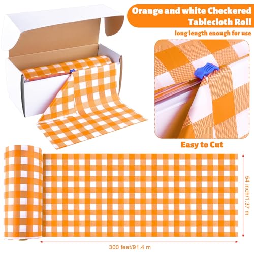 Image of Kochorie 54 Inch x 300 Ft Orange Checkered Plastic Table Cloth Roll Disposable Waterproof Plastic Cover Roll with Easy Slide Cutter for Outdoor Picnic /Home Dining /Fall Thanksgiving Party Decoration