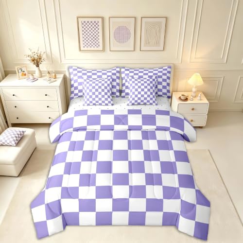 Image of Feelyou Checkered Retro Comforter Set with Sheets 7 Piece Twin Size Purple Plaid Bedding Set for Kids Boys Girls Geometric Vintage Bed in a Bag Modern Simple Groovy Aesthetic Room Decor Soft