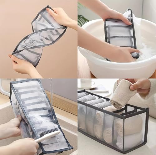 Image of atorakushon 2 Pcs Set Foldable 7 Compartment Socks Organizer for Wardrobe | Cloth Organizer for Storage | Tie, Socks & Underwear Organisers Storage Box for Closet | Brown
