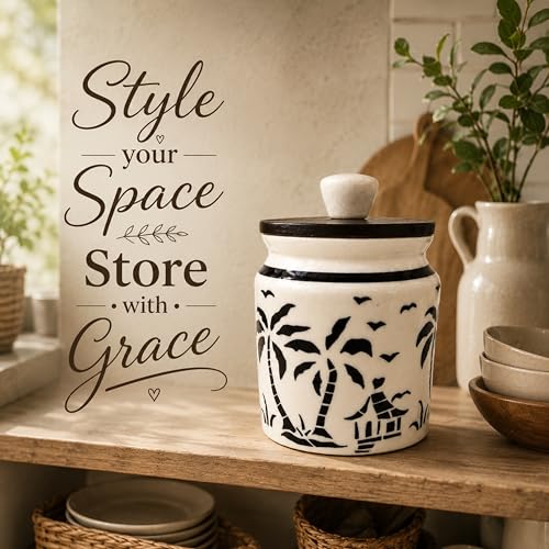 Image of Ceramic Kitchen Jars for Storage | Air Tight Containers with Wooden Lids | Masala, Salt, Pickle, Dry Fruits & Multi Utility Items Organiser Set (Hand-Painted, Black Hut, 450 ML, Pack of 1)