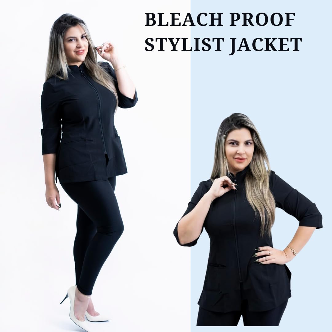 Top Scrubs for Women, Aestheticians Uniform for Spa, Black Esthetician Scrubs for women 3/4 sleeves.Bleach Proof Stylist Jacket.(Large)
