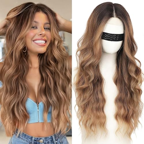 Nnzes Long Brown Mixed Blonde Wavy Wig 4x1 Lace Natural Hairline Middle Part Curly Heat-Resistant Synthetic Fiber for Women & Beginners Daily Party Use 26In