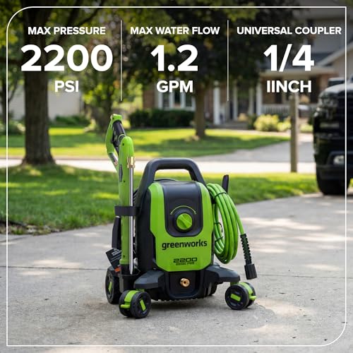 Image of Greenworks 2200 PSI (1.2 GPM Max) Electric Pressure Washer (0, 15, 25, Soap, and Turbo Nozzle) for Use On Cars, Decks, Fences, Concrete Patios, Sidewalks & More. Medium-Duty