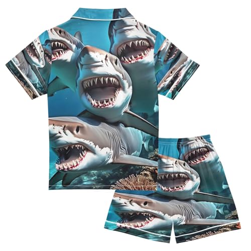 ALAZA Funny Shark Coral Reef Satin Pajamas Set Short Sleeve Button Down Sleepwear Summer Pjs 2 Piece2