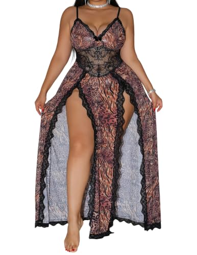 Image of Alrovetoney Plus Size Lingerie For Women Babydoll Sexy Mesh Maxi Nightdress Exotic Sleepwear Side Slits
