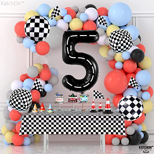 Image of KatchOn, Number 5 Race Car Black Balloon - Giant 40 Inch, Party Supplies, Hotwheel Birthday Decorations, Unisex, All Ages, 3 Pieces | Hotwheel Birthday Decorations, Unisex, All Ages, 5th Birthday Decorations for Boys, 5 Happy Anniversary Decorations