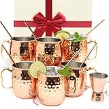Kitchen Science [Gift Set] Moscow Mule Mugs, Stainless Steel Lined Copper Moscow Mule Cups Set of 6 (18oz) w/Straws, Jigger, Spoon & Brush | Tarnish-Resistant Stainless Steel Interior
