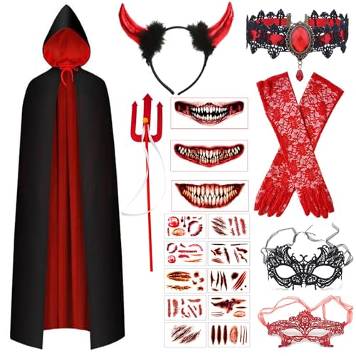 LOEPENLE Halloween Vampir Kostüm,Vampir Kostüm Damen,Halloween Teufel Damen Teufel Umhang,Teufelskostüm für Mottoparty Cosplay,Karneval