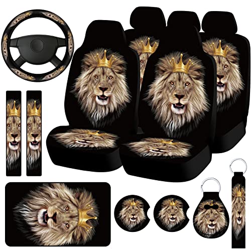 Riakrum 15 Pcs Lion Car Seat Covers Full Set for Women Steering Wheel Cover Shoulder Pads Armrest Pad Keychain Wrist Strap Auto Seat Universal for Vehicle SUV Truck Protector