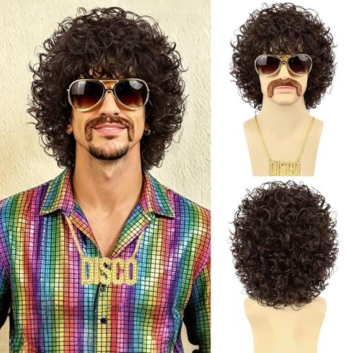 Guree Hair Mens Afro Curly Wig for 70s Disco Party 5Pcs Set (Wig+ Glasses+ Necklace+ Mustache+ Wig Cap) 70s Outfits for Costume Cosplay Halloween Party (Brown 5Pcs Set)