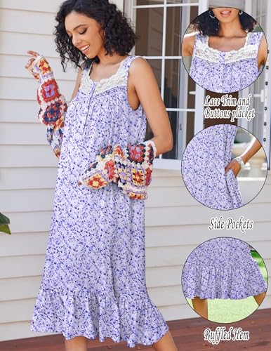Ekouaer Women's Nightgowns Victorian Long Sleeveless Night Gown with Pockets Lace Trim Button Up Nightdress S-XXXL - Image 4