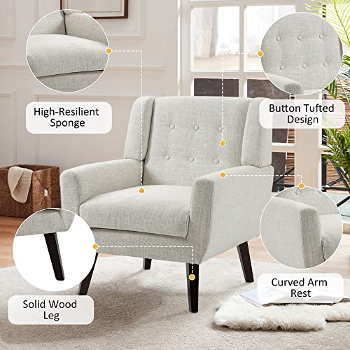 Uixe Comfy Arm Accent Chairs Set Of 2, Mid Century Modern Armchair Living Room Sofa Chair With Wooden Legs For Bedroom, Linen Fabric Button Tufted Upholstered Reading Chair For Home Office (Beige) #TOP3