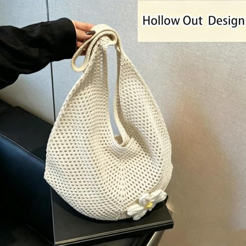Image of 1pcs Beach Bag Crochet Bags For Women Stylish Mesh Bag, Shoulder Baging foring Everyday Use Collection, with Flower Brooch Summer Vacation Knitted Boho Bags for Women Off White
