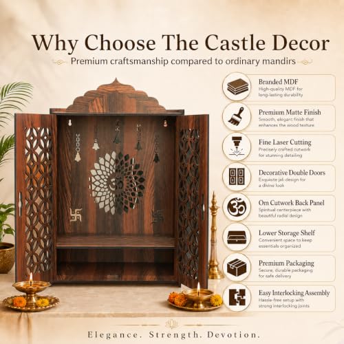 Image of The Castle Decor Wooden Mandir for Home, Premium MDF Home Temple with Double Doors for Pooja Room, Wall Hanging & Tabletop Temple, Matte Finish, 16.5 x 24.5 x 10.5 Inch (Design 6)