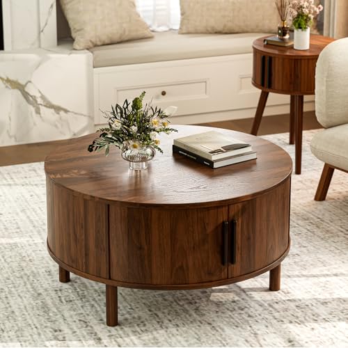 Image of ZttRiee Round Coffee Table with Sliding Doors, Mid-Century, Walnut | O30.0 inchD x 16.3 inchH, 200 lbs capacity, dual sliding-door storage, ~45 min assembly