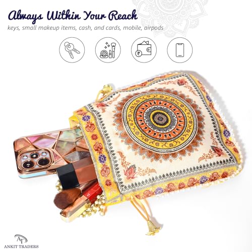 Image of Women Potli Bags | Zari Embroidered Silk With Drawstring | Traditional Return Gifts for Mehandi, Haldi, Baby Shower, Wedding, Sangeet, Seemantham
