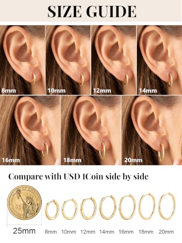 Image of Silvora 14K Gold Plated Huggie Hoop Earrings for Women, Small Sterling Silver Hoops, Hypoallergenic Cartilage Earrings for Sensitive Ears 8 /10 /12 /14 /16 /18 /20MM