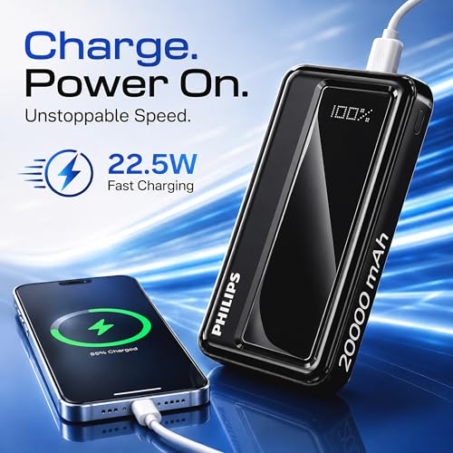 Image of Philips 20000mAh 22.5W Fast Charging Power Bank (Slate Black) with Digital LED Display | Type-C & USB-A Input /Output | 3 Output Ports | Lithium Polymer | Portable for Mobile, Tablet & Earbuds