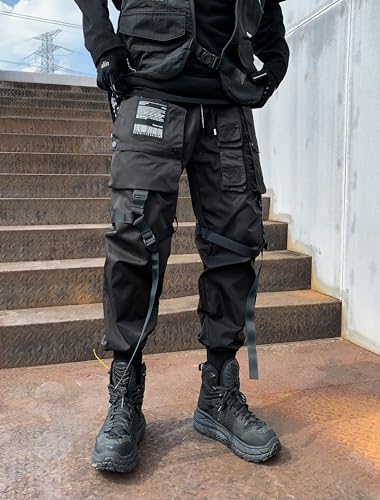MOKEWEN Men's Patchwork Straps Jogger Harem Cargo Ninth Pants with Big Multi Pockets Elastic Waist4
