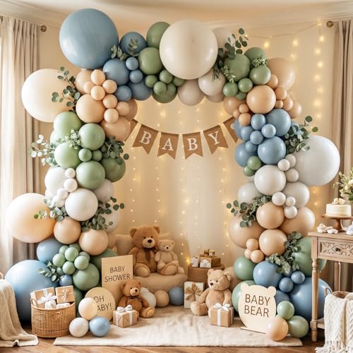 ECEAE 145Pcs Dusty Blue Sage Green Balloon Arch Kit, Baby Shower Garland for Baby Boy Party, Blue Green Yellow White Bear Balloon Decorations, Vintage Style Baby Balloon Arch Backdrop