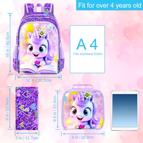 Image of CCJPX 3Pcs Unicorn Backpack, 16 inch Kids Girls Bookbag with Lunch Box, Water Resistant Elementary School Bag for Kindergarten Preschool Toddler (Purple)