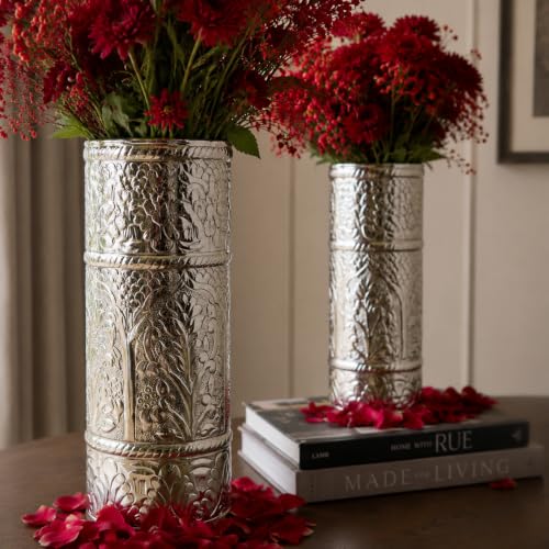 Image of Cylindrical Shape Aluminum Flower Vase for Home Decor, Traditional Embossed Metal Flower Pot for Office Table Decorations, Modern vases, Gift for Festival, 9 inches, German Silver