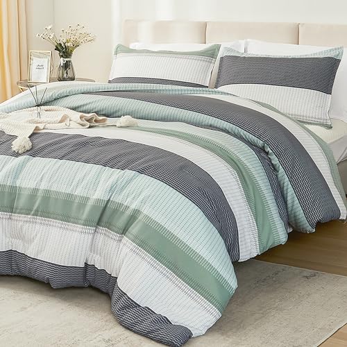 Litanika King Size Comforter Set Sage Green – 3 Pieces Lightweight Quilt Bedding Comforter Sets, Light Green White Colorblock Stripe Fluffy Bed Set, All Season Down Alternative